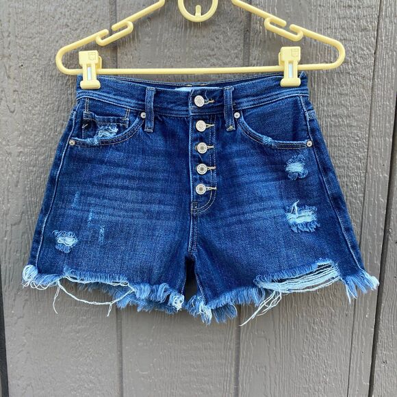 KanCan Button Fly High-Rise Frayed Denim Cut-Off Distressed Cotton Jean Shorts - Picture 1 of 2